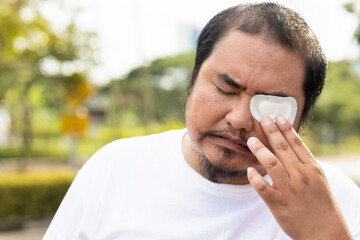 Dizzy Asian middle-aged man patient with eye patch, eye sight impair with painful injury