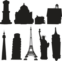 Europe Countries Landmarks Silhouette, Famous Place and Historical Buildings, Travel and Tourist Attraction.