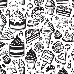 Cake and ice cream elements in trendy psychedelic style seamless vector pattern