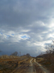 A dirt road, a reservoir and pine trees on the outskirts of the village of Vyhoda in the Odesa region. Ukraine, February 2013