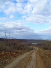A dirt road, a reservoir and pine trees on the outskirts of the village of Vyhoda in the Odesa...