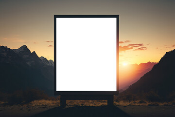  Blank billboard transparent mock up, png.  Background With Unfocused Mountain Range Silhouette. Generative AI