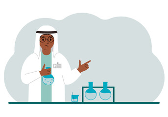 Muslim male scientist with flasks. Experimental scientist, laboratory assistant, biochemistry, chemical, scientific research.