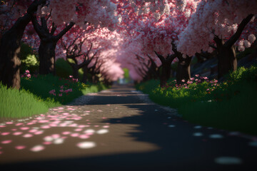 Beautiful alley with sakura trees. AI generative.