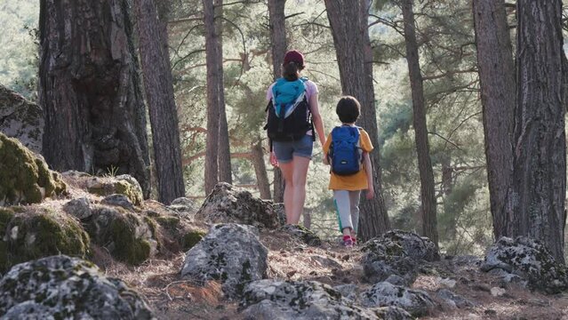 Family lifestyle, mother and son, child outdoors on a hike, travel, vacation together with the child. travel and adventure.