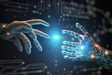 AI Machine learning Hands of robot and human touching Generative AI
