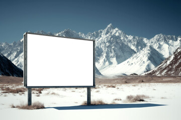 Blank billboard transparent mock up, png. Background With Unfocused Snowy Mountain Peak . Generative AI