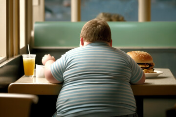Back view of unrecognized plus size boy sitting at table with delicious huge burger, soda and French fries served in fast food restaurant, generative ai illustration. - obrazy, fototapety, plakaty