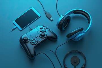 video game controller and joystick and headphone on white background Generative AI