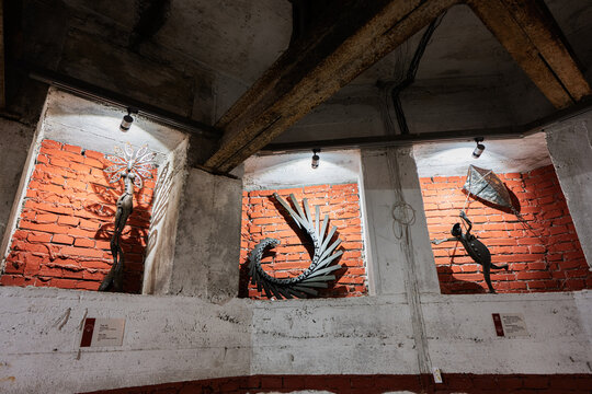Ivano-Frankivsk, Ukraine - March, 2023: Metal art sculptures inside city hall building.