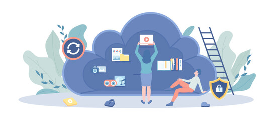 Cloud Data Storage. Electronic file organization service, information backup, transfer, synchronization. Vector illustration with character situation for web.
