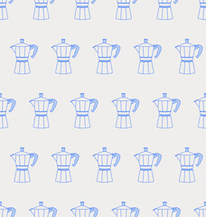 Seamless pattern of moka pot. Line art, retro. Vector illustration for coffee shops, cafes, and restaurants.