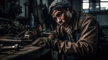 Naklejka na ściany i meble A asian man working on a piece of metal in a workshop, Generative AI
