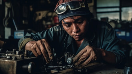 Fototapeta na wymiar A asian man working on a piece of metal with a pair of goggles on his hat. Generative AI