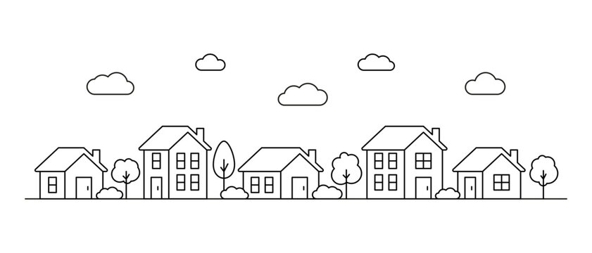 Neighborhood house, line art. Street building, real estate architecture, apartment. Facade home in country city landscape. Vector illustration