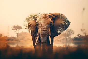 Double exposure of elephant and african savannah - Generative AI
