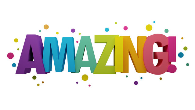 3D render of AMAZING! colorful typography banner with dots on white background
