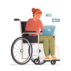 Wheelchair woman working at laptop and chatting online. Employment or social adaptation, inclusion people with disability concept. Equal opportunities. Character with disabilities. Vector illustration - obrazy, fototapety, plakaty