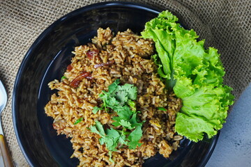 Fried rice in black plate,Train fried rice,Chinese style fried rice,Thai food.