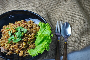 Fried rice in black plate,Train fried rice,Chinese style fried rice,Thai food.