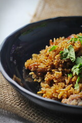 Fried rice in black plate,Train fried rice,Chinese style fried rice,Thai food.
