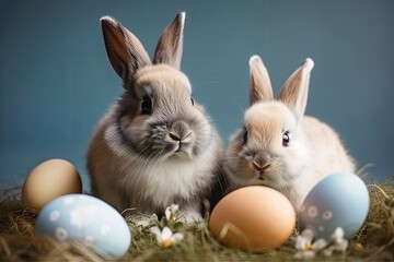 Happy Easter bunny with many pastel color Easter eggs. Generative AI.