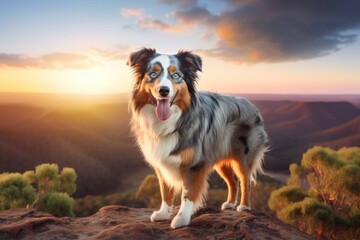 Obraz na płótnie Canvas Cute Australian Shepherd Dog Sitting on Top of the Hill at Sunset