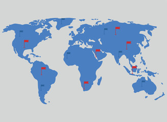 Fototapeta na wymiar world map with pins of different countries in red and blue