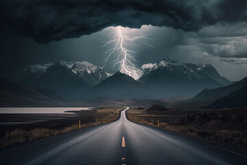 Heavy raining and thunderstorm on a road to the mountains. Generative AI. 