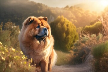 Obraz na płótnie Canvas Cute Chow Chow Dog Standing on Hill at Sunset