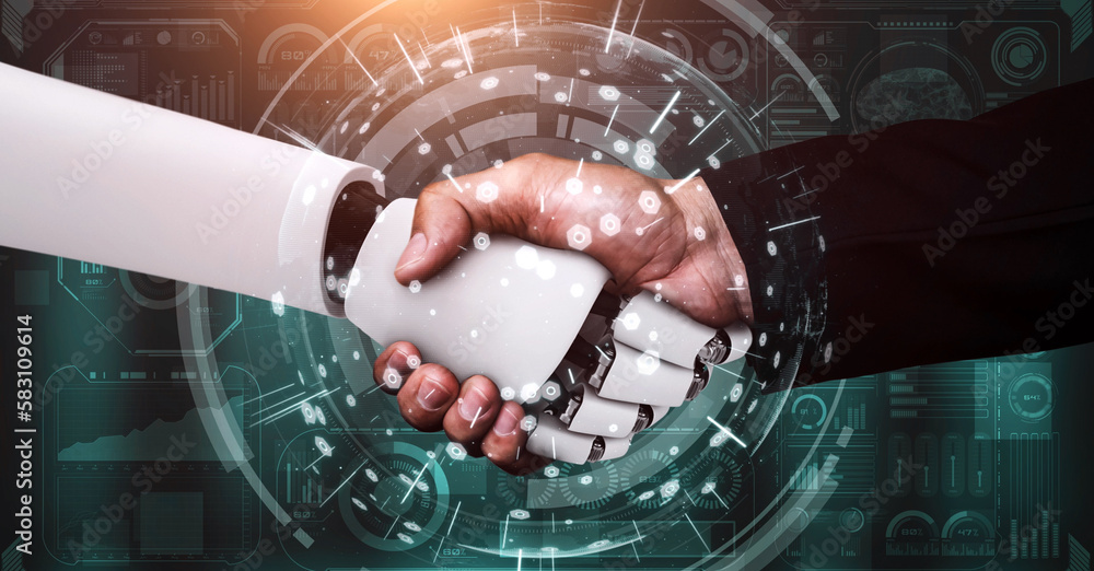 Poster 3d rendering hominoid robot handshake to collaborate future technology development by ai thinking br