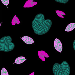 Green and pink tropical trendy leaves and flowers. Black background graphic plants. Pattern black