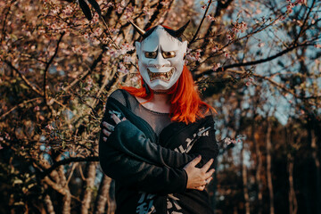 hannya mask in sakura's, japanese art  Japanese demon 