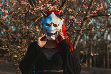 hannya mask in sakura's, japanese art  Japanese demon 