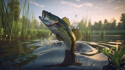 Largemouth bass jumping from water in a summer swamp created with Generative AI Technology, ai, generative - obrazy, fototapety, plakaty