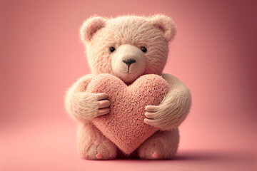 Teddy bear with heart on pink background. Valentine's day concept Generative AI