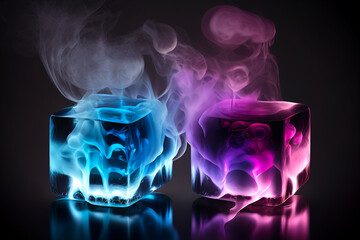 Ice cubes with blue, pink and purple smoke on a black background. Generative AI