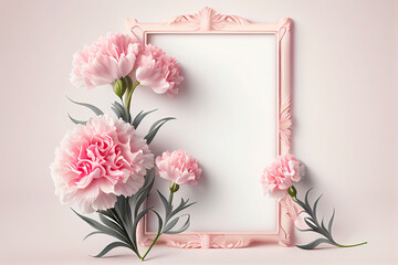 Frame mockup with pink carnation flowers. Generative AI