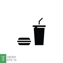 Hamburger and soft drink cup icon. Simple solid style. Fast food, burger, restaurant concept. Black silhouette, glyph symbol. Vector illustration isolated on white background. EPS 10.