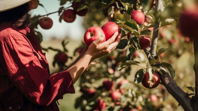 Closeup of unrecognizable woman picking red apples from a tree. Generative AI