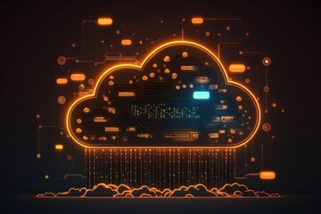 Abstract cloud with glowing lights on dark background. Cloud computing concept. Generative Ai