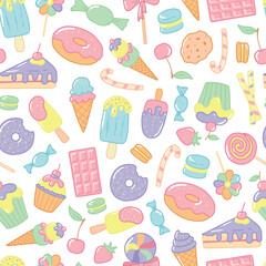 seamless pattern with hand drawn cute doodles of sweet snacks, fast food and desserts. Good for prints, wallpaper, scrapbooking, wrapping paper, packaging, etc. EPS 10