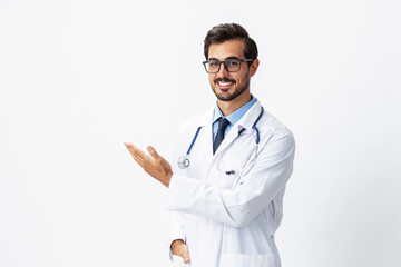 Man portrait of a doctor wearing a white coat and eyeglasses and a stethoscope looking into the camera on a white isolated background, copy space, space for text, health