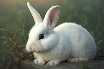 White rabbit in the garden. Cute white rabbit with long ears.