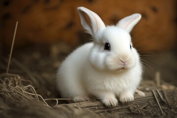 Cute white rabbit with long ears on a background of hay.