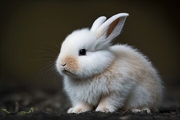 Cute little white rabbit on a dark background, close-up