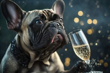 French bulldog with a glass of champagne on a dark background.
