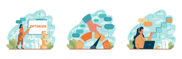 Positive thinking and optimism concept set. Employee motivation