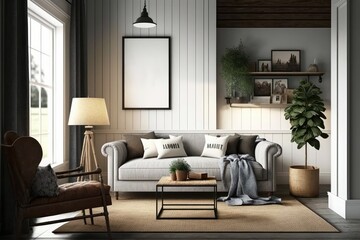 interior with a grey sofa. Illustration mock up. Generative Ai