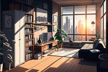 Modern living room interior design with bookshelf, sofa, coffee table and window with city view. Generative Ai